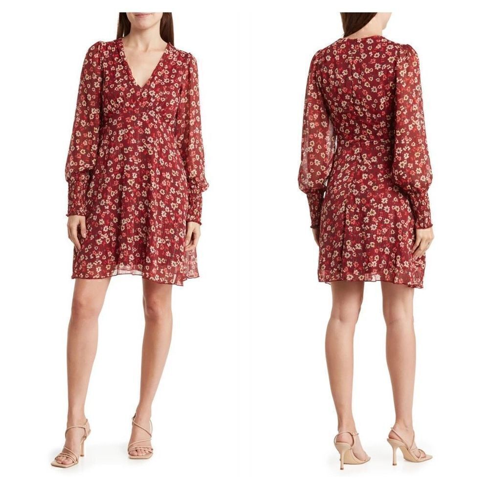 BCBGENERATION Floral Long Sleeve Fit & Flare Burgundy Mini Dress Sz S NWT